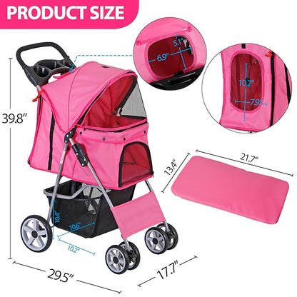 ZENY Foldable Pet Stroller, Cat/Dog Stroller with 4 Wheel, Pet Travel Carrier Strolling Cart with Storage Basket, Cup Holder (Pink)