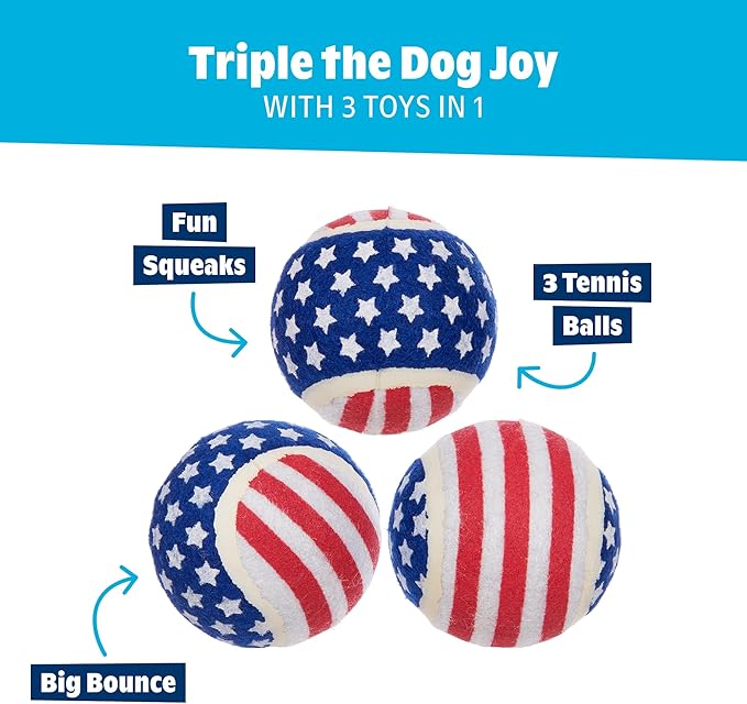 Barkbox Fetch of July Rubber Tennis Balls for Dogs & Puppies | Patriotic Trio of Squeaky Fetch Balls for Bounce, Chase & Play | Durable, Festive & Fun for Playful Pups