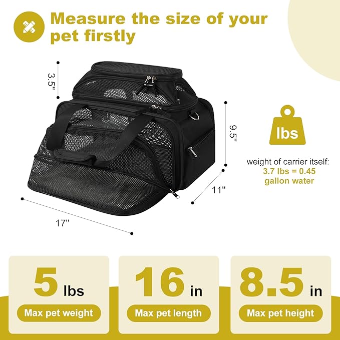 17x11x9.5 Alaska Hawaiian Southwest Airline Approved top and 1 Side Expandable pet Carrier for Extra-Small Dog/Small cat up to 5 lbs