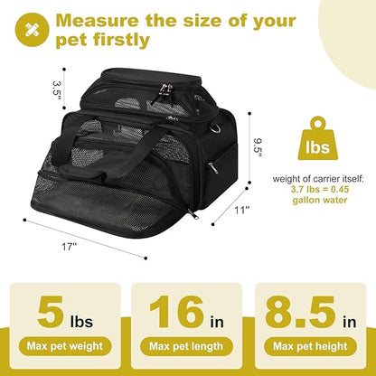 17x11x9.5 Alaska Hawaiian Southwest Airline Approved top and 1 Side Expandable pet Carrier for Extra-Small Dog/Small cat up to 5 lbs