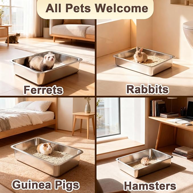 Low Entry Stainless Steel Litter Box for Kitten, Small Shallow Metal Litter Pan Tray for Rabbits Hamsters, Easy to Clean Pet Bathroom Accessories-15.75''Lx 11.81'' W x4'' H