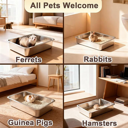 Low Entry Stainless Steel Litter Box for Kitten, Small Shallow Metal Litter Pan Tray for Rabbits Hamsters, Easy to Clean Pet Bathroom Accessories-15.75''Lx 11.81'' W x4'' H