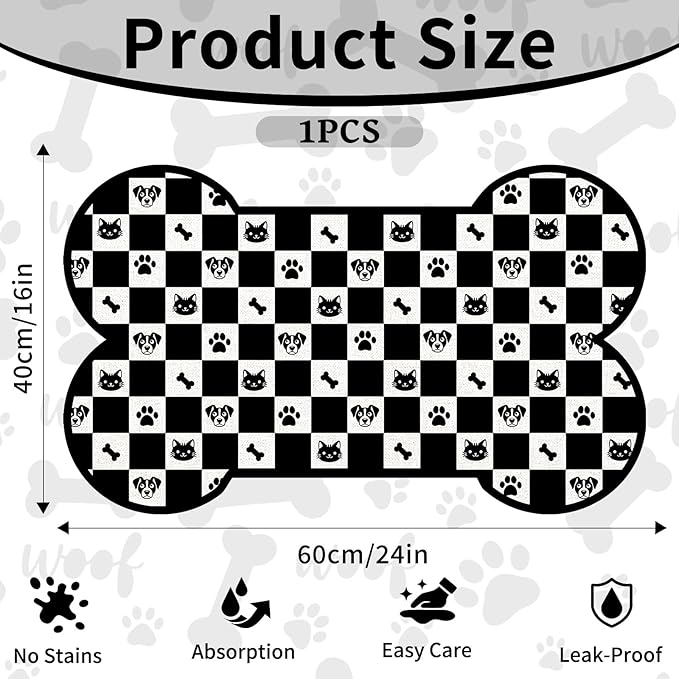 Pet Dog Cat Food Mat, Absorbent Bone Shaped Dog Bowl Mats for Food and Water, Non Slip Cute Footprint Dogs Cat Placemats Feeding Mat for Floors Puppy Pet Accessories Supplies 16"x24" Black White