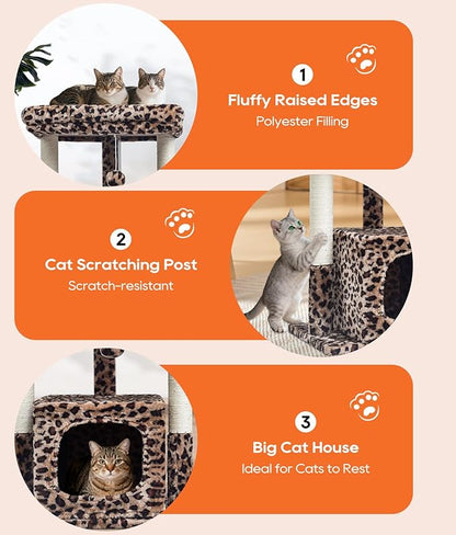 SYANDLVY 27" Cat Tree for Indoor Cats, Activity Tower with Scratching Posts, Modern Kitten Condo with Plush Perch & Hanging Ball for Play, Leopard Print