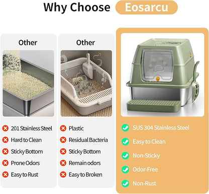 Stainless Steel Cat Litter Box with Lid, XL Large Enclosed High Sided Litter Box with Removable Lid, Carbon Filters -Odor Free, Easy Cleaning, Anti-Urine Leakage for Big Cats -Green