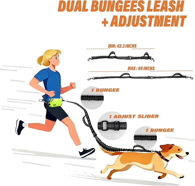 Hands Free Dog Leash with Waterproof Pouch, Adjustment Bungee Leash with Dual Soft Padded Handles for Hiking, Walking, Jogging and Running Your Dogs(neon Green)