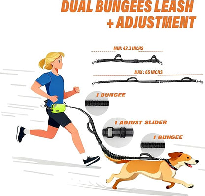 Hands Free Dog Leash with Waterproof Pouch, Adjustment Bungee Leash with Dual Soft Padded Handles for Hiking, Walking, Jogging and Running Your Dogs(neon Green)