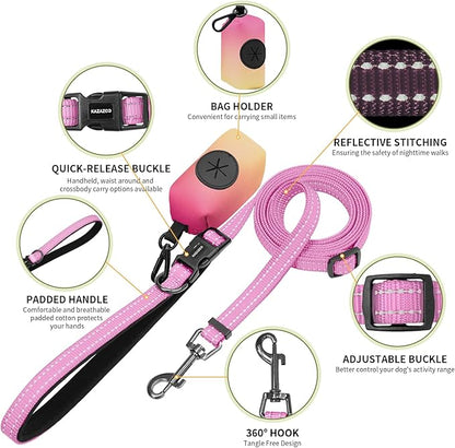 Kazazoo Hands-Free Dog Leash with Poop Bag Holder, Adjustable 4-7 Ft Waist for Dog Walking, Running for Small & Medium Dogs with Reflective Strips, Nylon Waist Belt, Pink