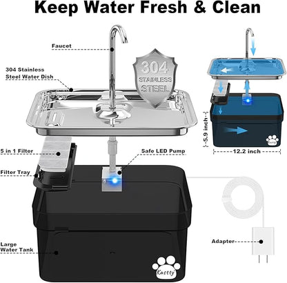Kastty Dog Water Fountain for Large Dogs, 2.8Gal/10.5L Stainless Steel Cat Water Fountain, Super Quiet Smart Pet Water Fountain Automatic Dog Water Bowl Dispenser with LED Pump, Easy to Assemble Clean