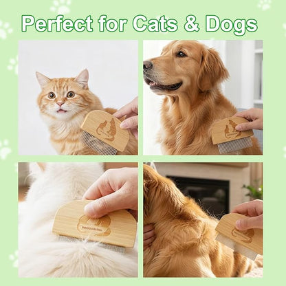 Pet Grooming Combs for Dogs Cats, 2 Pack Bamboo Combs with Wide Fine Teeth for Shedding, Detangling, Flea Removal and Daily Care