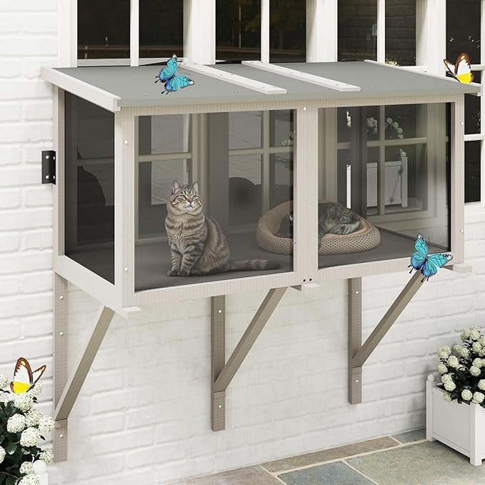 PetsCosset Cat Window Box Catio Outdoor Cat Enclosure for Sunbathing, Napping & Bird Watching, Sturdy Window Perch for Indoor Cats for Apartments, Keeps Insects Out, All-Weather Use, Grey