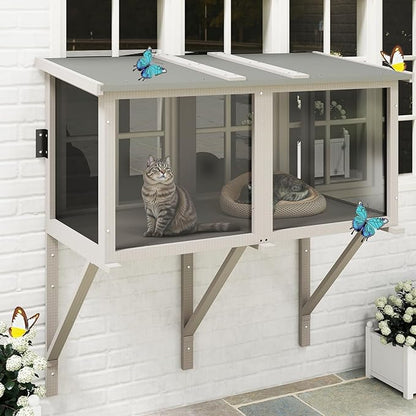 PetsCosset Cat Window Box Catio Outdoor Cat Enclosure for Sunbathing, Napping & Bird Watching, Sturdy Window Perch for Indoor Cats for Apartments, Keeps Insects Out, All-Weather Use, Grey