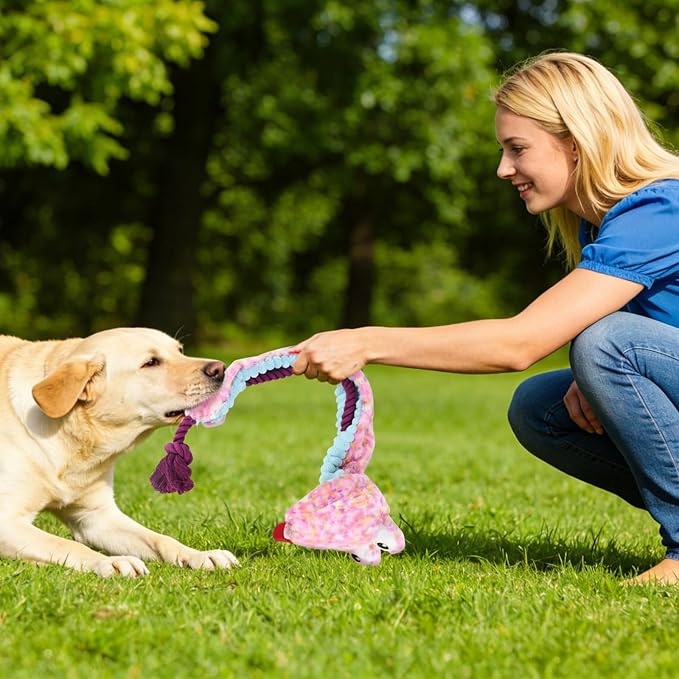 Andiker Squeaky Dog Toys, Snake Shape Dog Tug Toy with Squeaker and 19.29 in Long Cotton Rope, Interactive Dog Toy for Small Medium Large Dogs (Pink)