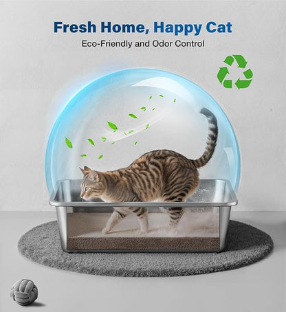 Stainless Steel Litter Box, Large Metal Cat Litter Box with High Sided for Big and Small Cats, Non-Stick, Easy to Clean, Odor-Free, 17.5" L×13.6" W×5.9" H, Blush Pink