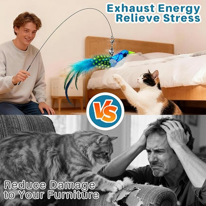 Cat Toy – Interactive Wand with Blue Bird Design Featuring Bell, Feather & Sparkle Teaser for Indoor Play with Owner or Solo Fun, Hands-Free Self-Play for Happy, Active Cats & Kittens