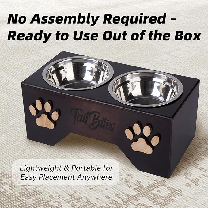 Raised Dog Bowls for Medium & Large Dogs – Wooden Elevated Dog Feeder Stand with 2 Stainless Steel Bowls + Chew Treat (14” x 7” x 6”)