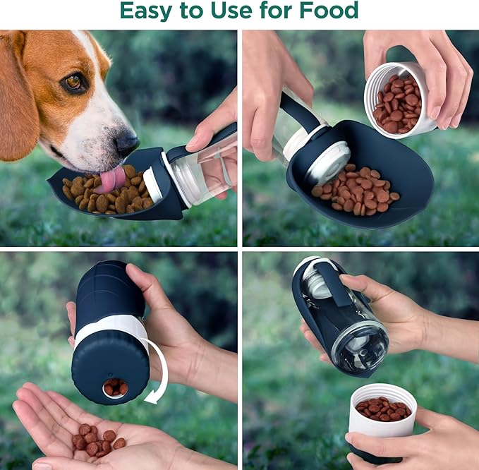 Uppetly Dog Water Bottle, Pet Water Bottle with Food Container and Drinking Feeder, Leak Proof, BPA-Free, Portable Foldable Puppy Water Cup Dispenser for Outdoor Walking, Travel, Small Dark Blue