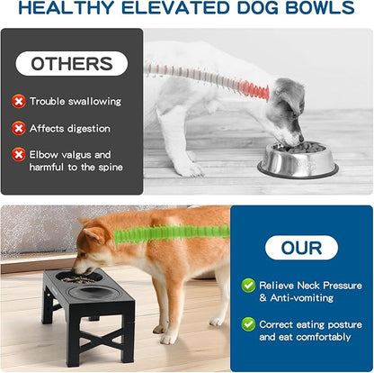 3-in-1 Elevated Slow Feeder Dog Bowls for Food and Water, 5 Heights Adjustable Raised Dog Bowls, Non-Slip, No Spill, for Small Medium Large Dogs and Cats(Black)