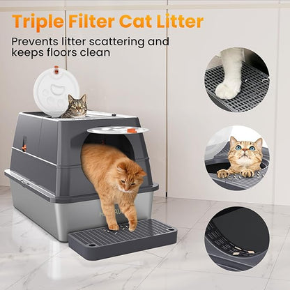 135° Flip-Top Stainless Steel Litter Box with Lid, Extra Large Enclosed Cat Litter Box, Metal Litter Pan with Front & Top Entry, Odor Control, Scoop & Filter Pedal