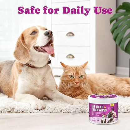 Pet Ear Cleaning Finger Wipes for Dogs & Cats - Dog Ear Cleaner with Aloe, Coconut Oil & Ginseng - Finger Dog Ear Wipes to Relieve Ear Itching, Infections, Wax & Smelly Ears - 50 Ct - Coconut Scent