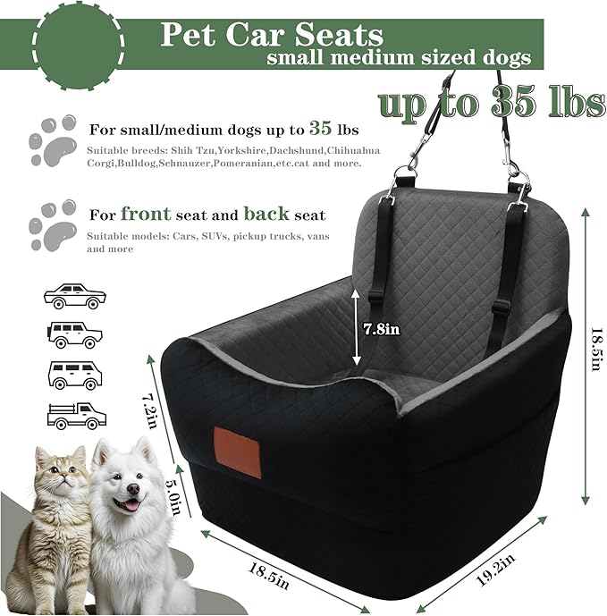 Dog Car Seat for Small/Medium Dogs,2 Adjustable Seat Belt,Memory Foam with Soft Fabric Pets Travel Car Bed with Non-Slip Bottom,Easily Installed in Front and Back seats,Removable and Washable(H-blagre