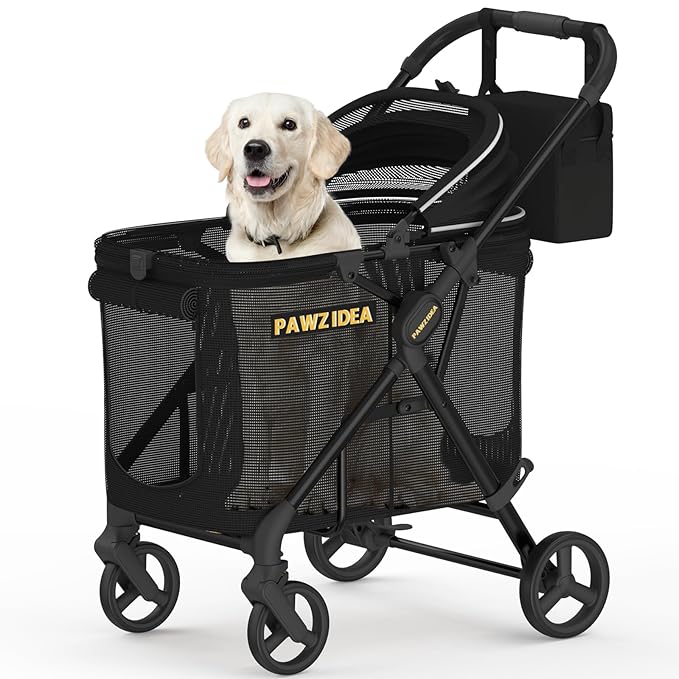 PAWZIDEA Dog Stroller for Large Dogs up to 80 lbs, Lockable No-Zip 180° Reversible Canopy, One-Hand Foldable Pet Stroller for 2 Medium Dogs, All-Terrain Jogger Wheels, Storage Organizer, Chew-Proof