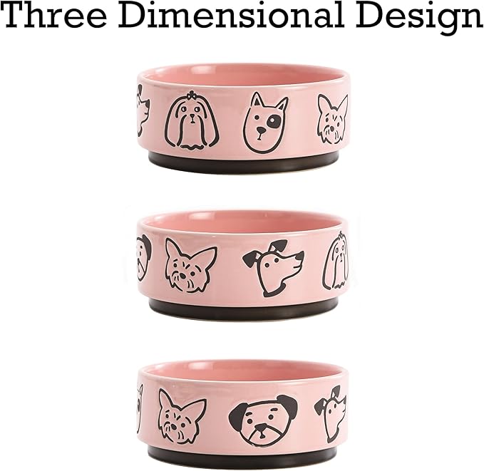Bico Cute Dog Face Pink Ceramic 26oz Pet Bowl, for Medium Size Dog, Puppy, Durable and Dishwasher Safe Stoneware