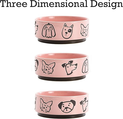 Bico Cute Dog Face Pink Ceramic 26oz Pet Bowl, for Medium Size Dog, Puppy, Durable and Dishwasher Safe Stoneware