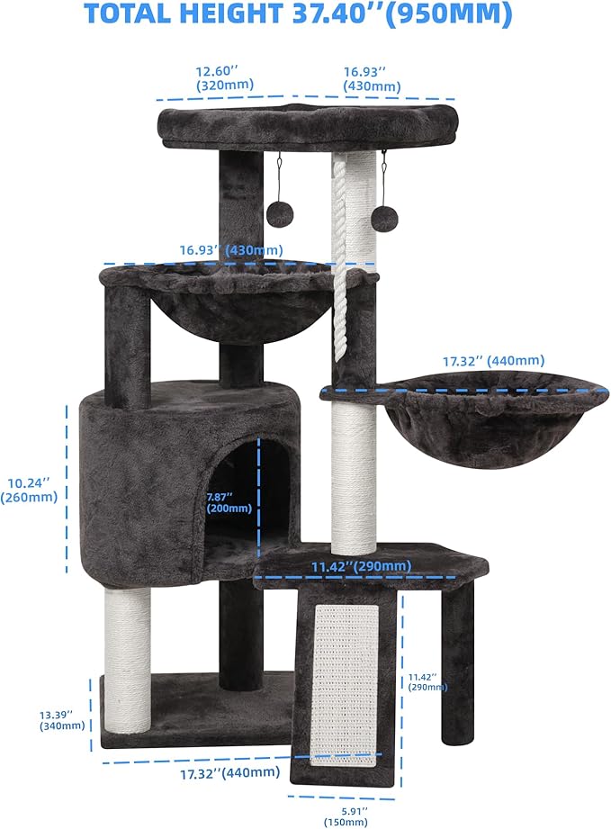 Xin Three Layer Cat Tree with Cat Condo and Two Hammocks,Darkgray …