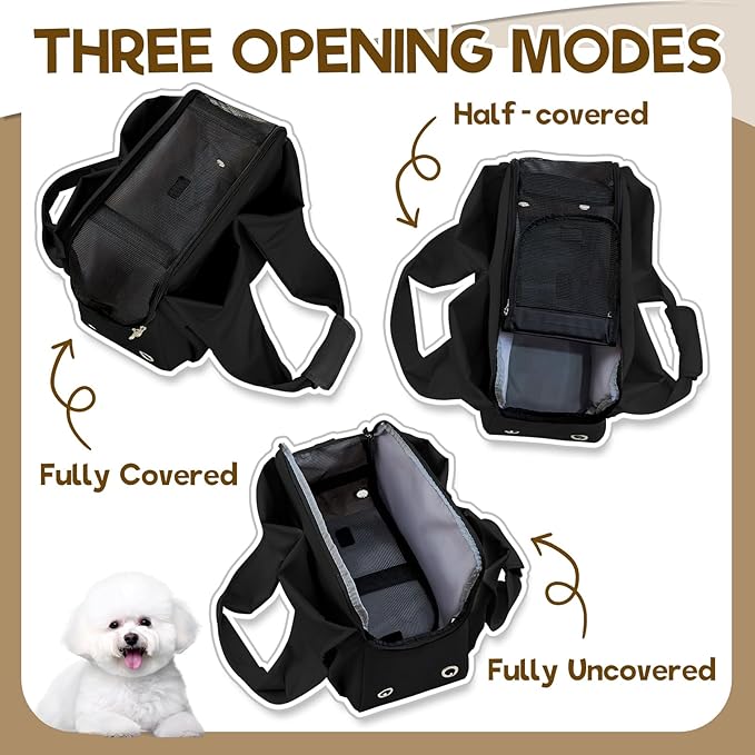 Dog Purse Carrier, Small Dog Cat Puppy Outdoor Portable Bag, Foldable Breathable 3‑Speed Zipper Access Pet Travel Bag with Large-Capacity Pockets, 15 lbs Capacity,Black