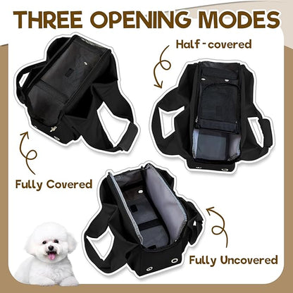 Dog Purse Carrier, Small Dog Cat Puppy Outdoor Portable Bag, Foldable Breathable 3‑Speed Zipper Access Pet Travel Bag with Large-Capacity Pockets, 15 lbs Capacity,Black
