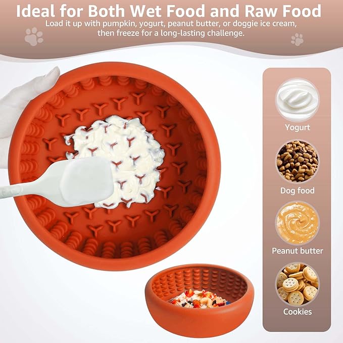 Dog Lick Bowl, ZOURYNUA Non-Slip Slow Feeder Dog Bowls, Enrichment Licking Mat for Distraction, Anxiety Relief Treat Dispenser Freezer, BPA Free Silicone & Dishwasher Safe (Orange, Small)