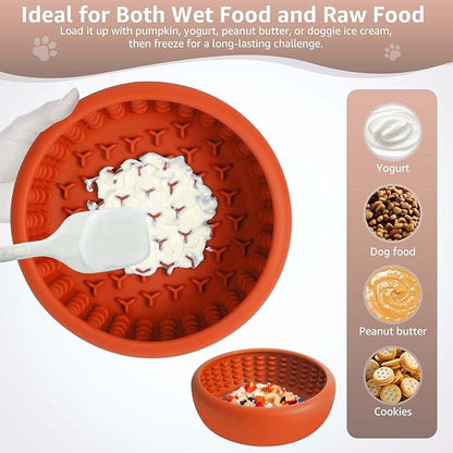 Dog Lick Bowl, ZOURYNUA Non-Slip Slow Feeder Dog Bowls, Enrichment Licking Mat for Distraction, Anxiety Relief Treat Dispenser Freezer, BPA Free Silicone & Dishwasher Safe (Orange, Small)
