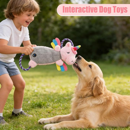 Interactive Squeaky Dog Chew Toy, Tough Plush Dog Toys for Chewers, Small, Medium & Large Dogs, Plush with Double Rope Handles for Tug of War, Mess-Free, Pink