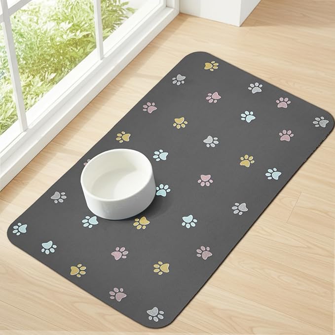 Pet Feeding Mat Absorbent Dog Mat for Food and Water Non Slip Quick Dry Dog Bowl Mats for Floors 27" X 17" Paw Dark Gray