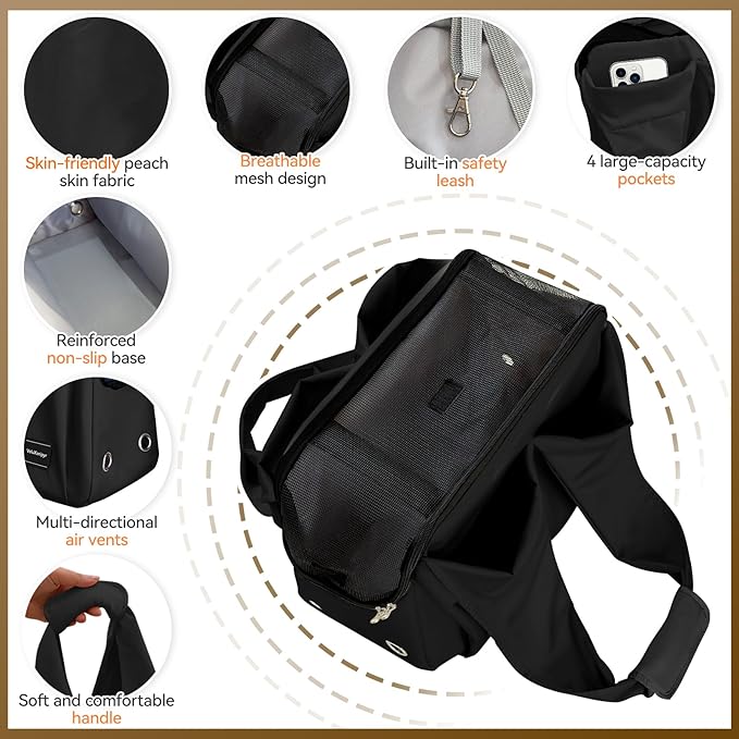Dog Purse Carrier, Small Dog Cat Puppy Outdoor Portable Bag, Foldable Breathable 3‑Speed Zipper Access Pet Travel Bag with Large-Capacity Pockets, 15 lbs Capacity,Black