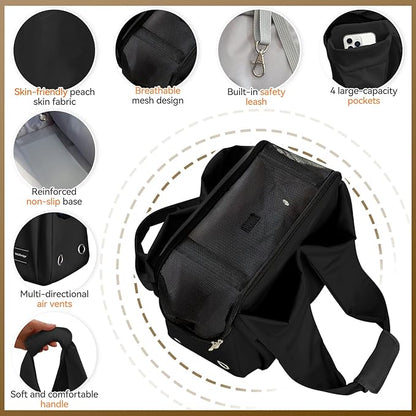 Dog Purse Carrier, Small Dog Cat Puppy Outdoor Portable Bag, Foldable Breathable 3‑Speed Zipper Access Pet Travel Bag with Large-Capacity Pockets, 15 lbs Capacity,Black
