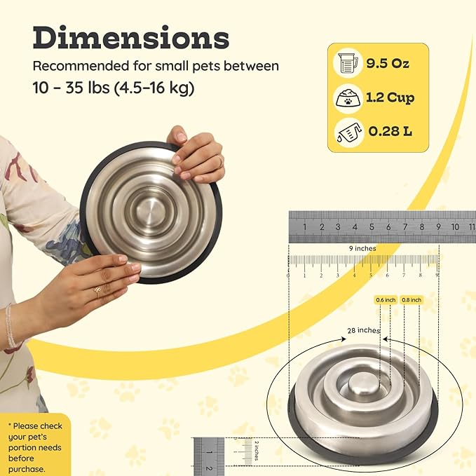1.2 Cup (9.5 oz) Slow Feeder Dog Bowls, Shallow Spiral Style Stainless Steel Small Dog, Cat Dry, Wet Food Dishes Fast Eater Nonslip Heavy Feeding Puzzle Bowl, Slow Down Eating