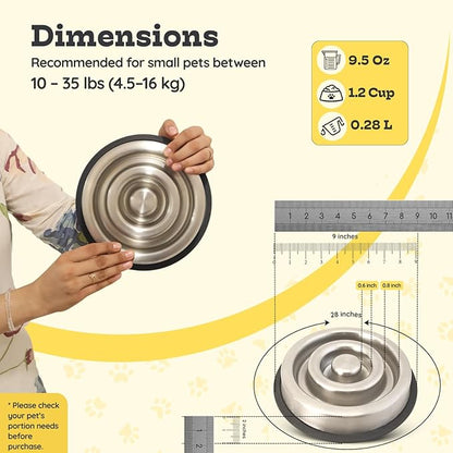 1.2 Cup (9.5 oz) Slow Feeder Dog Bowls, Shallow Spiral Style Stainless Steel Small Dog, Cat Dry, Wet Food Dishes Fast Eater Nonslip Heavy Feeding Puzzle Bowl, Slow Down Eating
