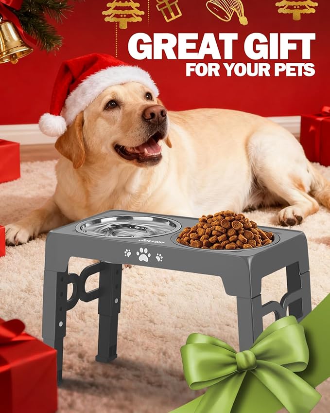 Elevated Dog Bowls for Medium Large Size Dogs, Non-Slip Dog Feeder with 1*Stainless Steel Dishes & 1*Slow Feeder Bowl, 5 Heights Adjustable Raised Bowls to 3.15″-8.66″-9.84″-11.02″-12.2″