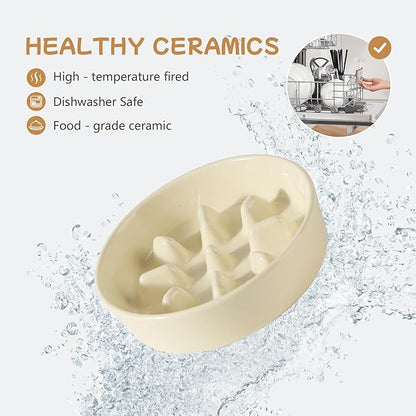 Ceramic 0.9 Cup Raised Slow Feeder Dog Bowl Set, Elevated 6.1inch Slow Dish and 6.1inch Water Bowl with Wooden Stand for Small Dogs (2 x Light Yellow+ Stand)
