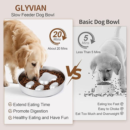 Slow Feeder Dog Bowls Stainless Steel with Non-Slip Silicone Base Metal Bowl 2 Cups Heavy Duty Large Capacity Slow Feed for Small, Medium, Large Breed Dogs to Slow Down Eating