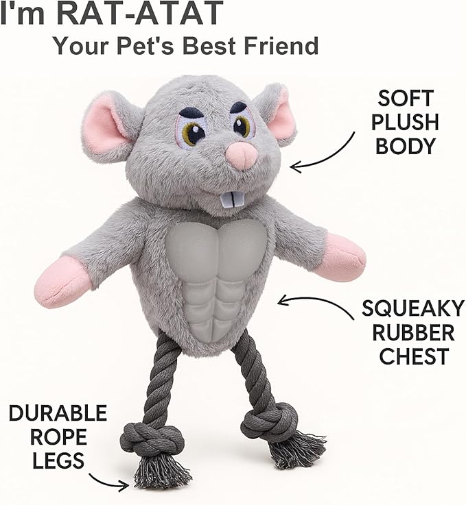 Muscle Mouse Dog Toy for Medium & Large Dogs – Plush Dog Toy with Squeaky Rubber Chest & Rope Legs, Designed for Tug, Fetch & Chewing | for Pet Use Only
