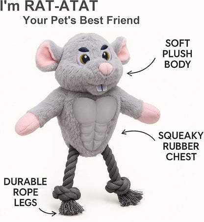Muscle Mouse Dog Toy for Medium & Large Dogs – Plush Dog Toy with Squeaky Rubber Chest & Rope Legs, Designed for Tug, Fetch & Chewing | for Pet Use Only