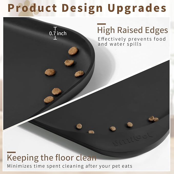 Silicone Pet Food Mat with Raised Edge for Food and Water Bowl, Dog Feeding Mats, Cat Food Trays for Floor Waterproof, Rubber Tray for Dogs and Cats, 19 x 12 x 0.7 Black