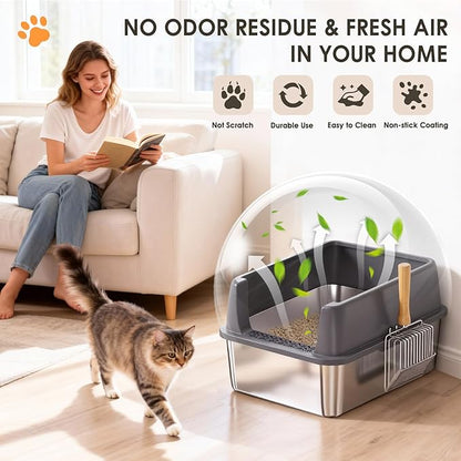 Stainless Steel Litter Box with Lid: Metal Cat Litter Box for Small Cats with Scoop, High Sided Kitty Litter Pan Tray, 17.4'' x 13.5'' x 8.5'', Non-Stick, Anti-Leakage, Easy Cleaning (Dark Gray)