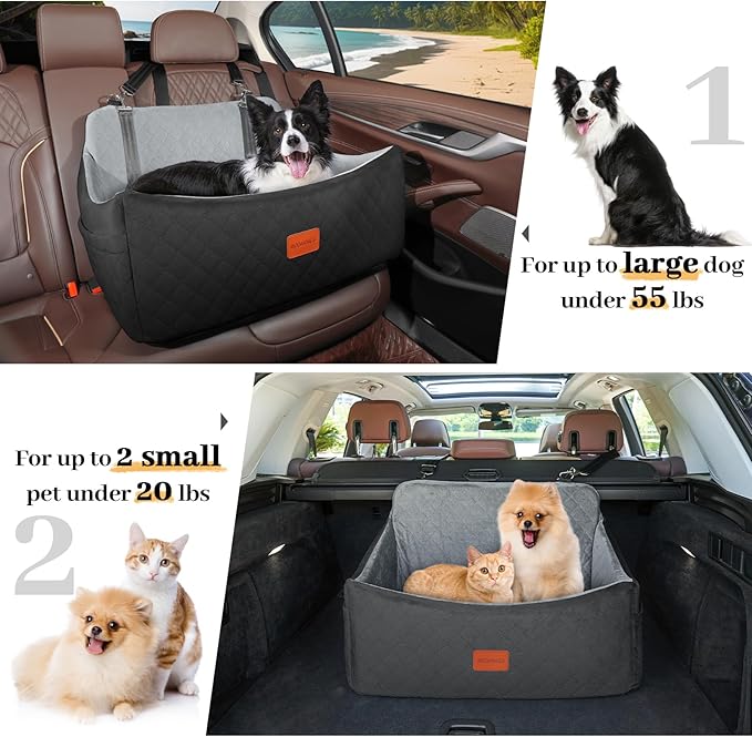 Wooaidagg Dog Car Seat for Medium & Large Dogs Up to 55lbs, Memory Foam Cushion, Washable Cover, Safety Straps & Non-Slip Base(Black/Grey,Large)