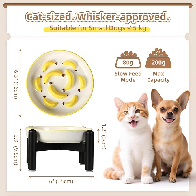 Elevated Slow Feeder Cat Bowl - Ceramic Cat Food Plate with Anti-Slip Stainless Steel Stand - Shallow Maze Dish for Slow Eating - Yellow