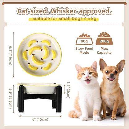 Elevated Slow Feeder Cat Bowl - Ceramic Cat Food Plate with Anti-Slip Stainless Steel Stand - Shallow Maze Dish for Slow Eating - Yellow