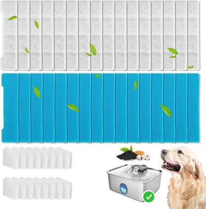 16+16 Pack Replacement Filters Compatible with SIBAYS/Kastty 4Gal/15L Stainless Steel Dog Water Fountain, Includes 16 Filters & 16 Sponges
